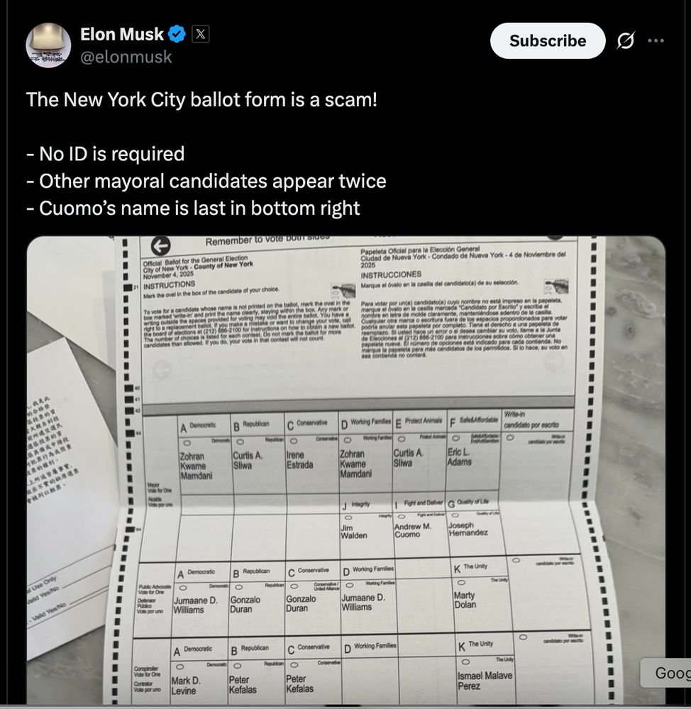 An Elon Musk tweet: "The New York City ballot form is a scam! - No ID is required - Other mayoral candidates appear twice - Cuomo’s name is last in bottom right."