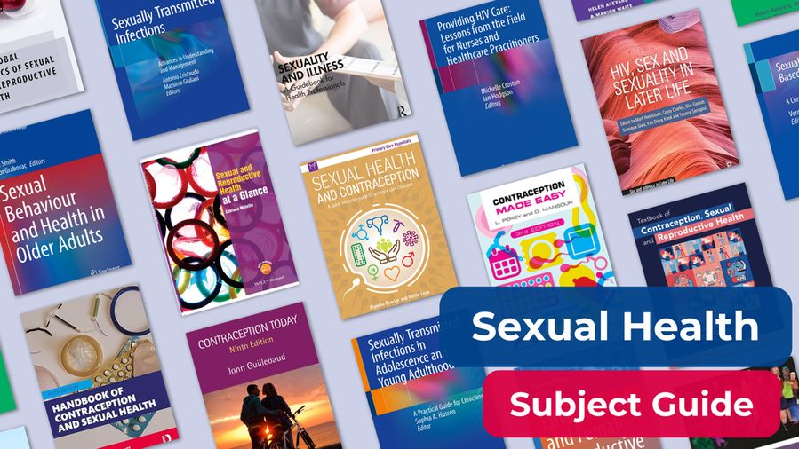 Graphic displaying multiple book covers related to sexual health, sexuality and contraception with the text "Sexual Health Subject Guide" in the bottom right corner.