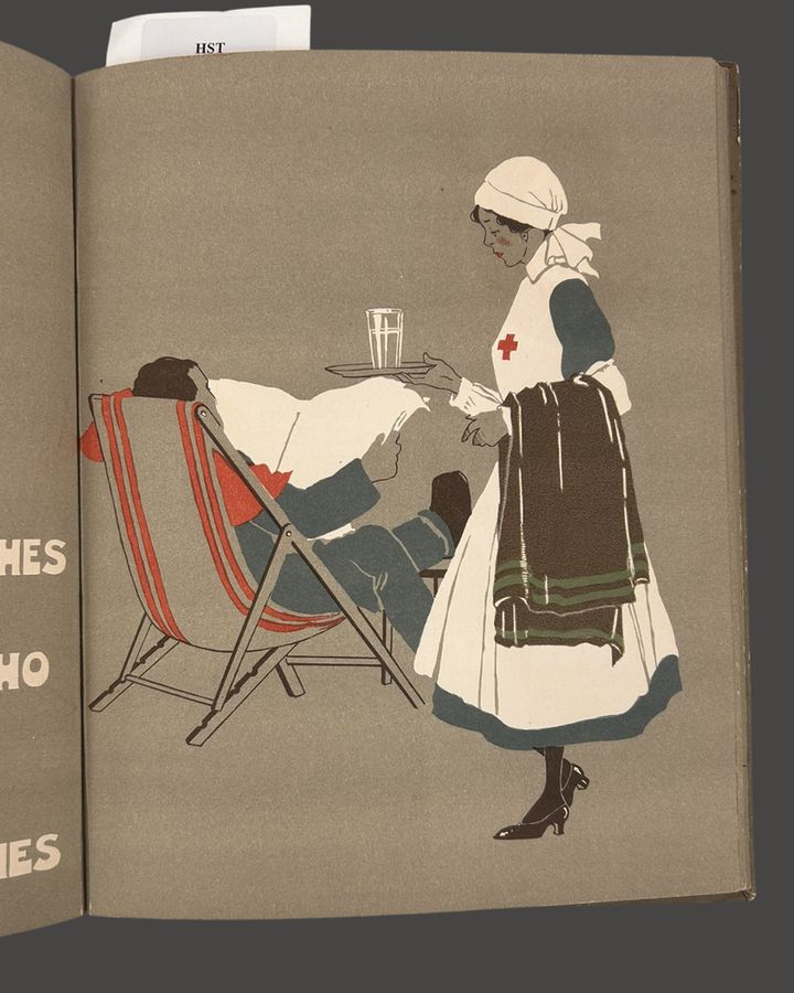 Illustration from a book showing a Red Cross VAD serving a drink to a reclining soldier