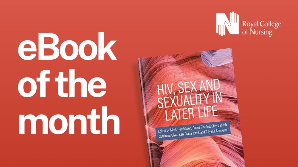 Promotional graphic from the Royal College of Nursing featuring their eBook of the month titled "HIV, Sex and Sexuality in Later Life" on a light orange-red background.