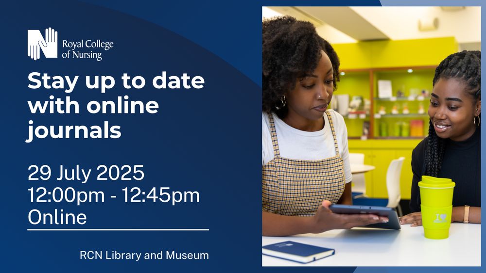 Promotional banner for the RCN Library event, "Stay up to date with online journals". It features an image of two people reading together on a tablet.