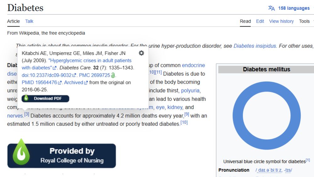 Screenshot of a Wikipedia article on Diabetes, featuring text, citations, and a blue circle symbol, which is the universal symbol for diabetes. A preview of a citation shows a "Download PDF" button next to the LibKey nomad logo. The LibKey Nomad logo is also visible in the bottom left corner beside text that reads "Provided by Royal College of Nursing"