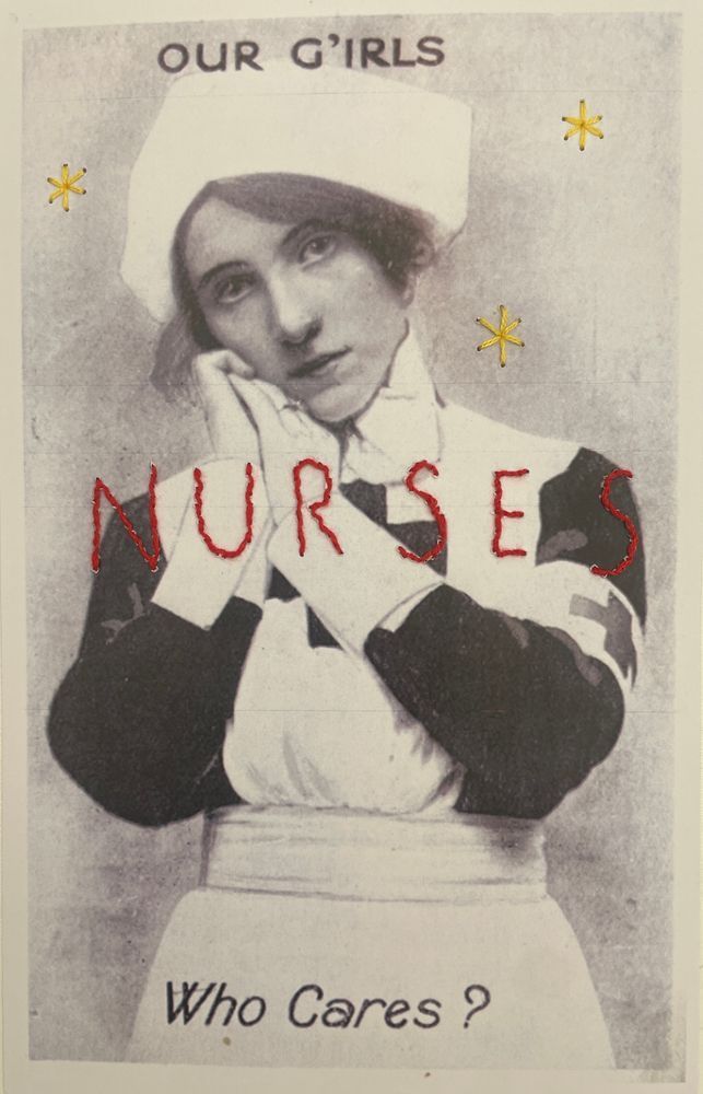 Vintage photograph titled "Our Girls" featuring a person in a traditional nurse's uniform, with the word "NURSES" in bold red letters and the question "Who Cares?" at the bottom. Decorative yellow stars are placed around the image.
