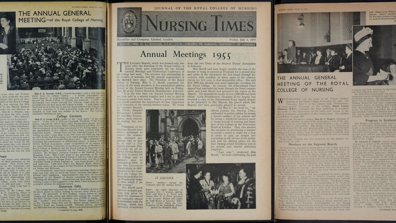 Three snapshots of vintage articles from the Nursing Times, the middle showing the front page of a 1955 Nursing Times issue with an article title "Annual Meetings 1955".