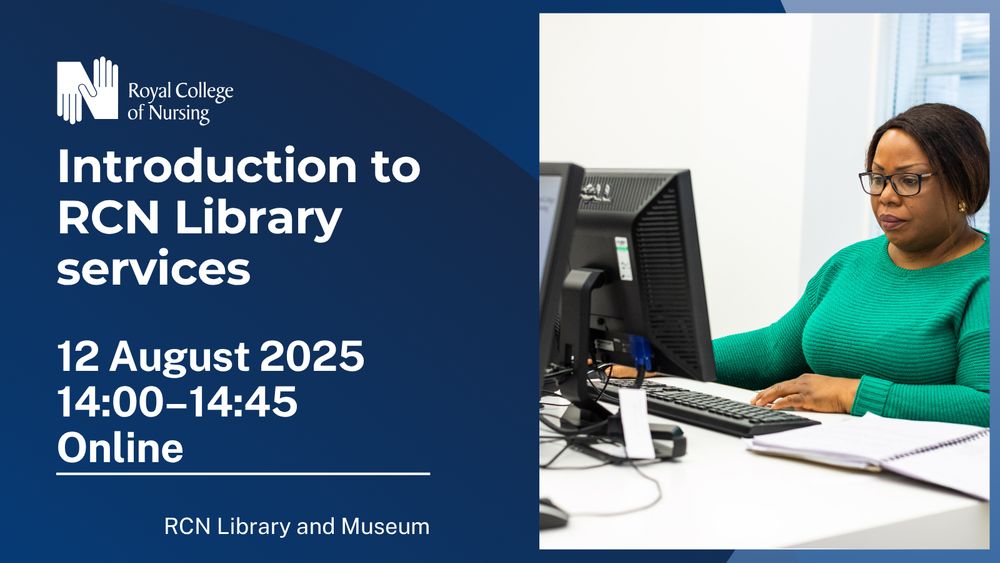 Promotional banner for the RCN Library event, "Introduction to RCN Library services". It features a photo of a person working at a desktop computer.