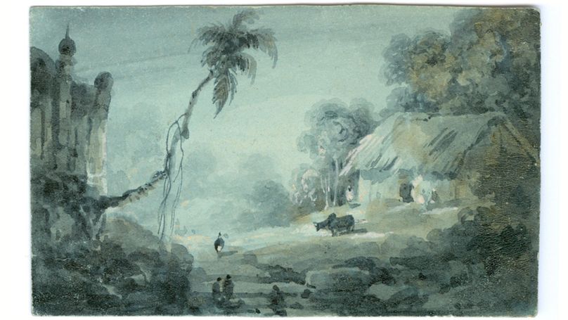 A watercolour painting featuring a cottage, vegetation, and what might be a fort.