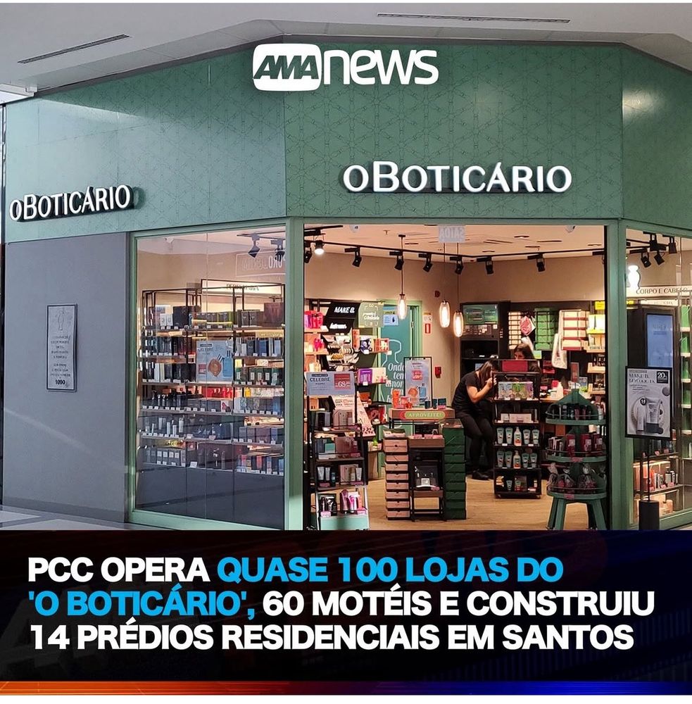 Imagem de capa de um jornal com foto de uma lota oboticário com a seguinte chamada: PCC opera quase 100 lojas do o boticário, 60 motéis e construiu 14 prédios residenciais em santos. 