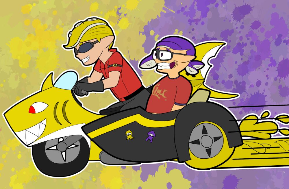 Ocho riding his shark motorcycle with a sidecar attached, with Hipster riding in it. The bike leaves behind an ink trail. Hispter is feeling the speed!