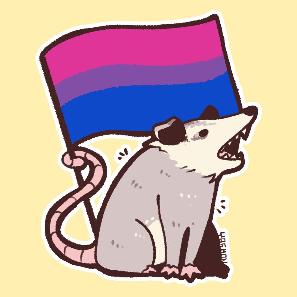 desenho de um gambá olhando pra cima com a boca aberta, segurando uma bandeira bissexual com o rabo.