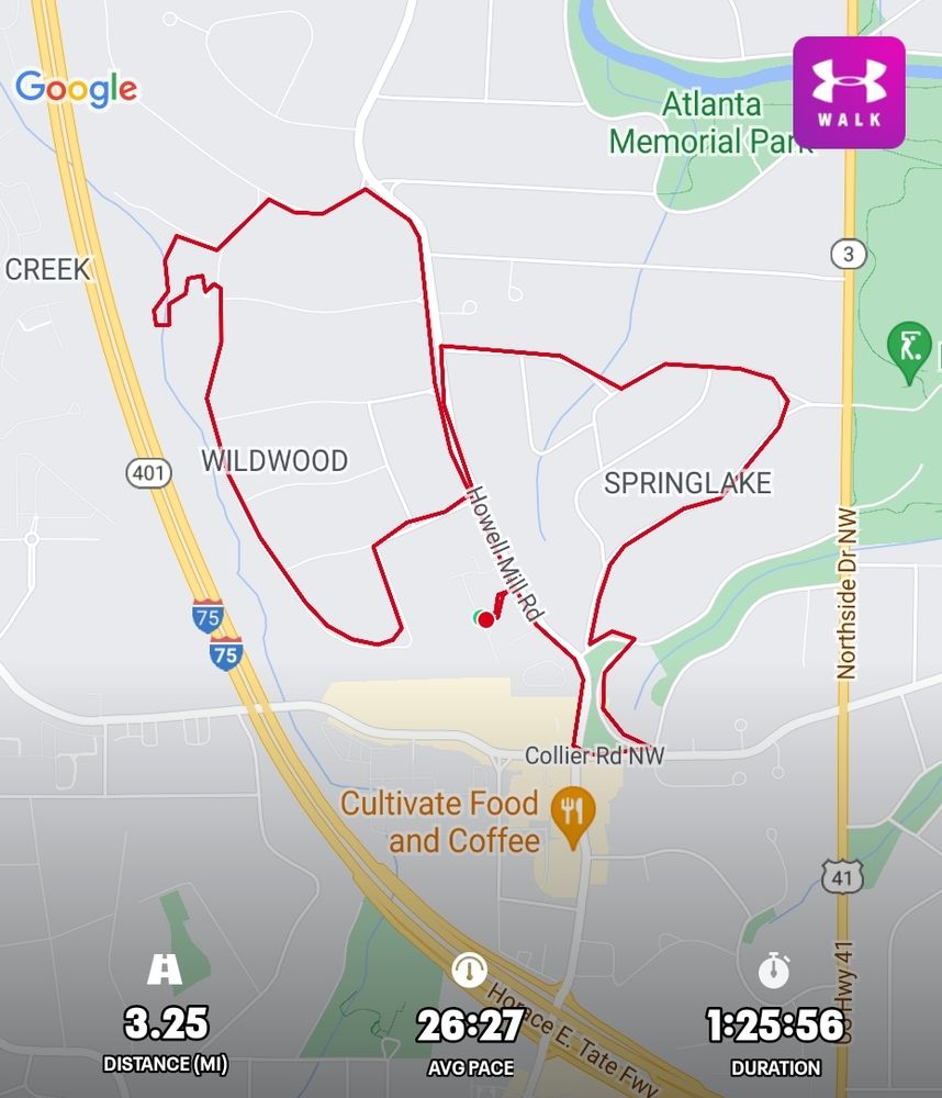 Map of a 3.25 mile dog walk.