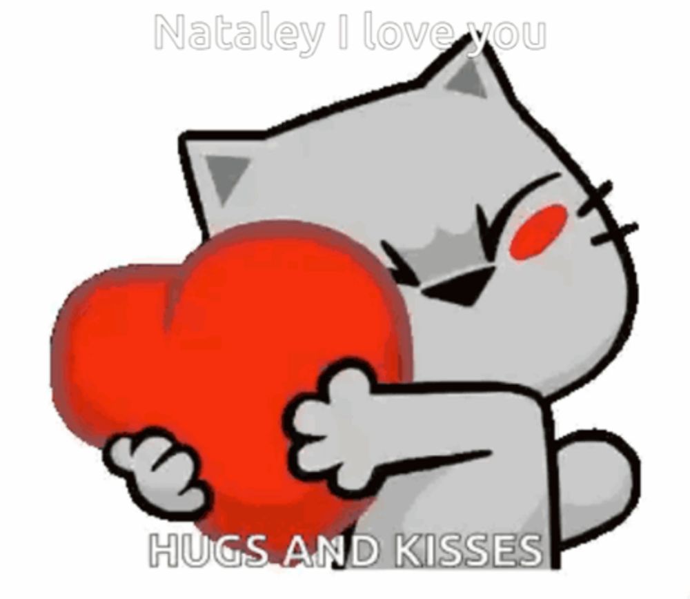 a cartoon cat is holding a red heart and says hugs and kisses .