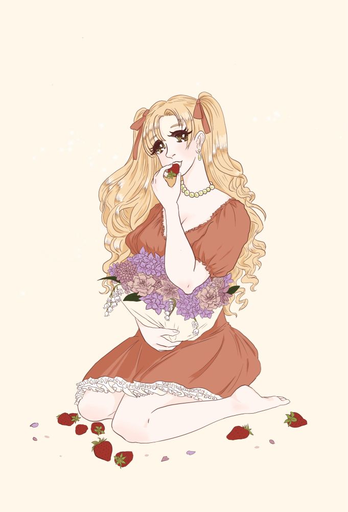 金髪の女の人が正座でイチゴを食べながらブーケを抱える。足の近くにイチゴが転んでいる。