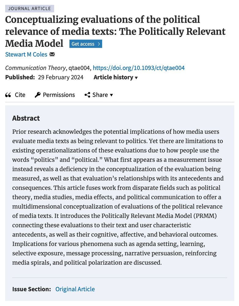 Screenshot of abstract for the article "Conceptualizing evaluations of the political relevance of media texts: The Politically Relevant Media Model," found at: https://doi.org/10.1093/ct/qtae004