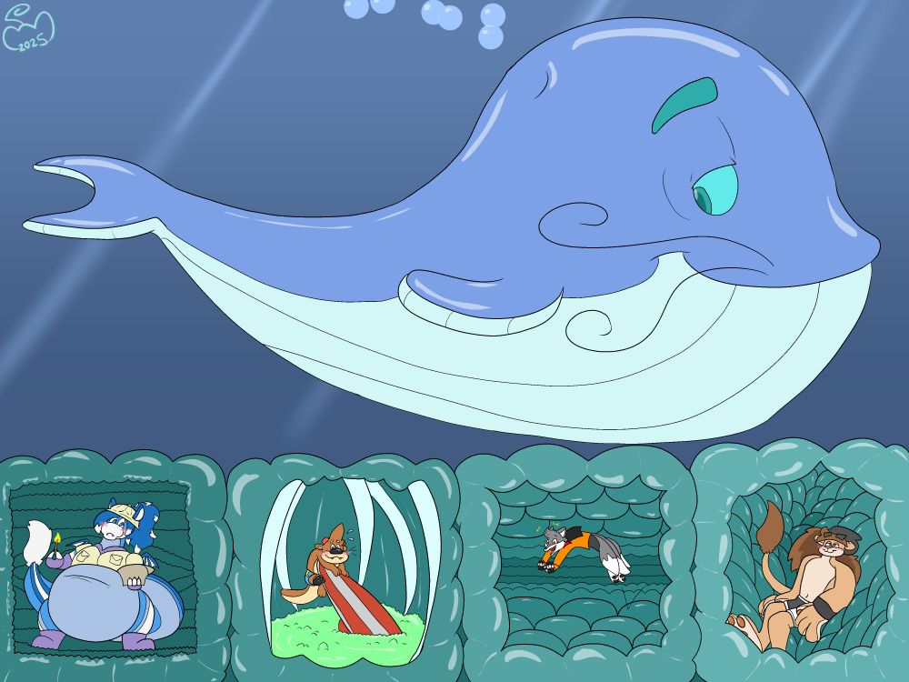 Whallow swimming in the ocean, carrying his friends within.  Each stuck in a belly chamber. Frostie in the Intestinal loop, Otter in the digestive chamber, Ivan bouncing in the churning layer, and Symbol relaxing in the safe storage belly