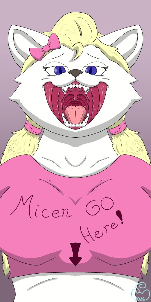 Felicia mawshot with a shirt that reads 'Micen GO Here!' with an arrow pointing to her stomach
