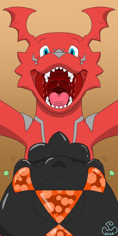 Ulu Guilmon mawshot with a prey in their belly, arms stretched out to the viewer as they prepare to swallow them whole