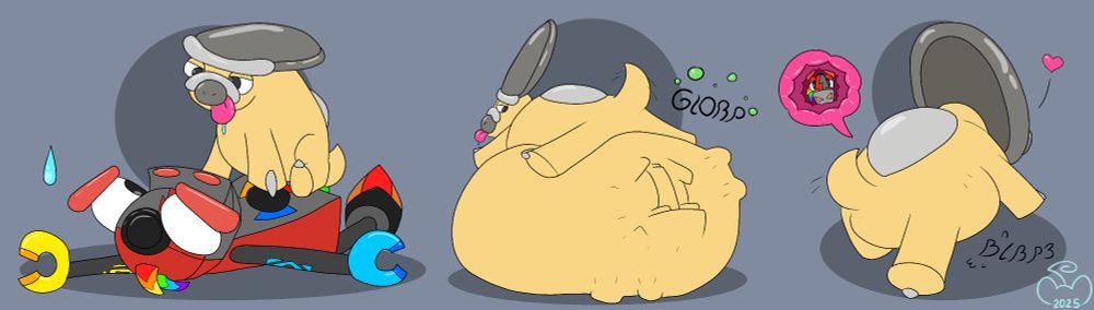 Shieldon on top of Ulu the Mixel.  Mixel is gobbled up.  After some time, the belly shrinks down, allowing the pokemon to walk away, with Ulu tucked deep inside it's guts.