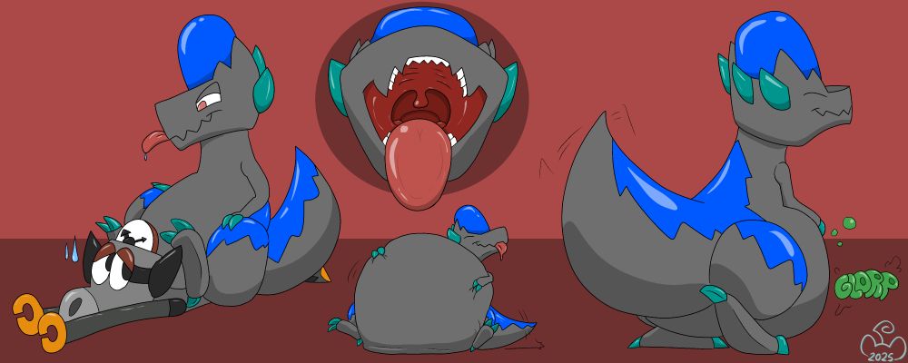 Hunter the Cranidos pins Anteek, then proceeds to devour them whole.  After some time, the sated pokemon walks away, enjoying the additional weight