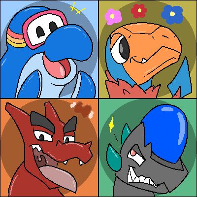 A set of icons featuring Āko'a the Dolphin, Thunder the Archen, Olai the Charizard, and Hunter the Cranidos