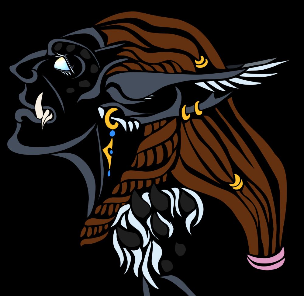 A simple undetailed digital drawing of a female troll (Drakkari-Zandalari mixed), with brown hair, gray skin, dark gray scales and, thanks to her Drakkari blood, a bit of very light blue fur.
