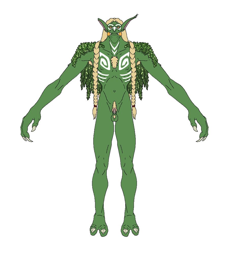 Mostly symmetrical colored sketch of a male forest troll. His hair is very long, his claws are impressive, his moss is healthy and forming a cape f long strands, and his dick is. Well. He has one.