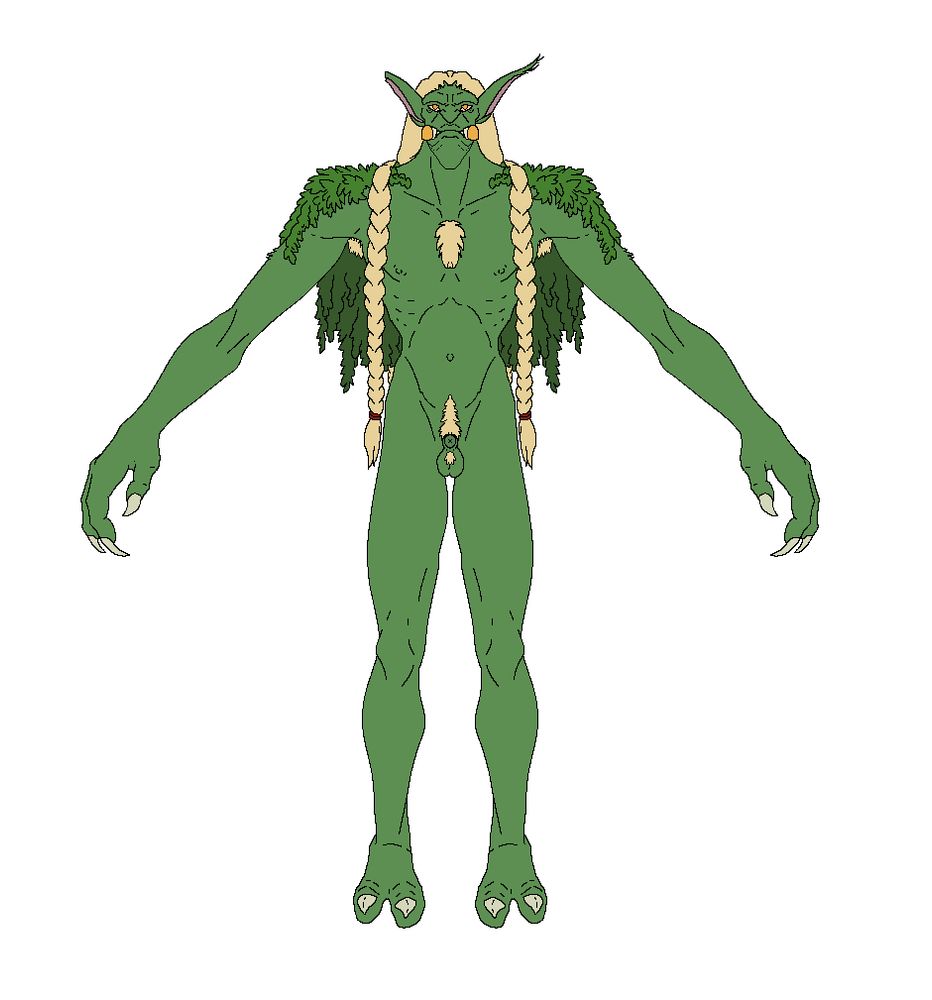 Simple, largely traced from screenshot, drawing of a nude troll. He's Amani, but built lean like a Gurubashi. He has long strands of moss growing on his shoulders, forming something of a cloak. His hair is blond, very long, and braided. His tusks are cut short and capped in gold. Between his thighs rests a ballsack and a (sheathed) cock - all rather unimpressive.