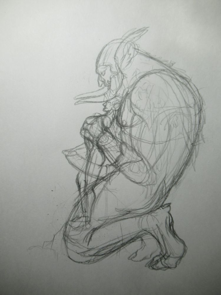 Pencil sketch of a dire troll rubbing his dick between some (normal) troll woman's thighs.