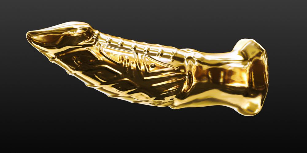 Screenshot of a sculpt of a dick, with "gold" material option. It's deliberately artificial-looking, with raised ornaments and wider, flattened base. It the ornament-covered shaft is followed by a slightly wider, smooth portion, meant to give an impression of a sheath