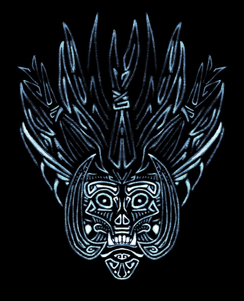 An ornamental, mostly symmetric, drawing of Bwonsamdi's face.