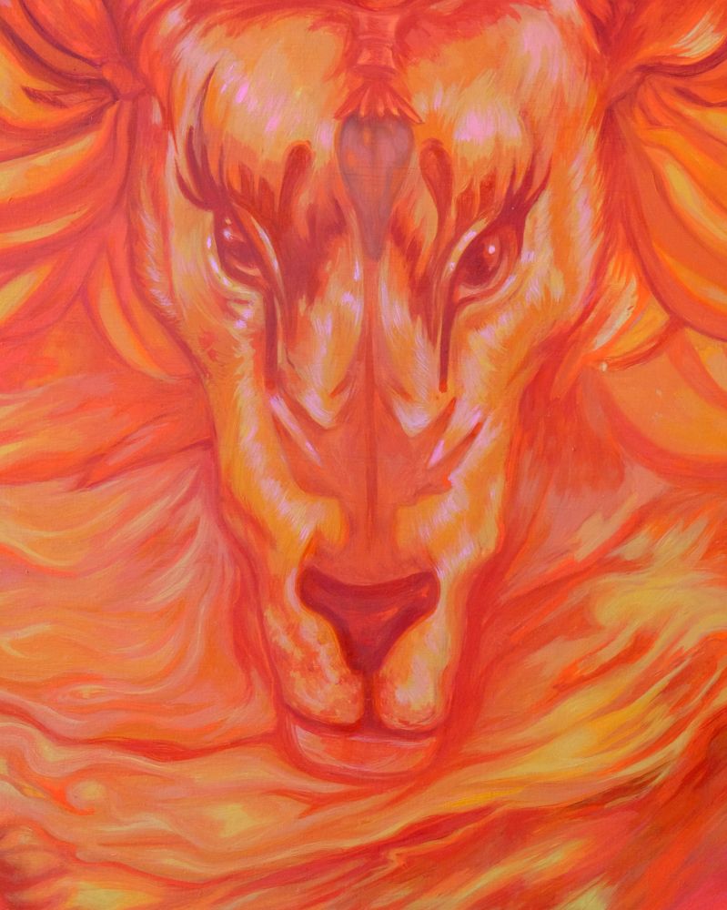 A preview of The Strength, The Power divination painting. A legendrry mammalian creature, somewhere between a lion, tiger, goat, deer is cropped. They gaze into the viewer's eyes, with ears and horns made of plantains. They appear made of glassy, golden, solar, radiating energy.