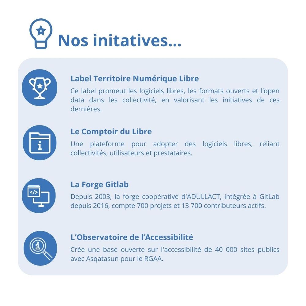 🚀 L'ADULLACT, c’est quoi ?
Depuis 2002, nous aidons les collectivités à économiser l’argent public grâce au logiciel libre via la mutualisation et l’animation de communautés.
💡 Chiffres clés :
🔹 480+ adhérents, 10 000 bénéficiaires
🔹 600+ logiciels, 16 700 contributeurs
🌍 Notre offre : Expertise métier - Initiatives - Services en ligne - Animation de communauté 
👉 En savoir plus : https://adullact.org/
#ADULLACT #LogicielsLibres #ServicePublic #Innovation #Communauté