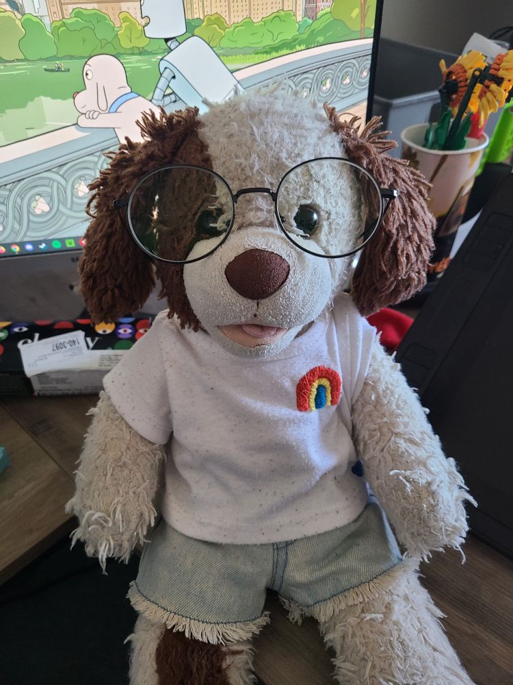 The same build a bear dog wearing human glasses 