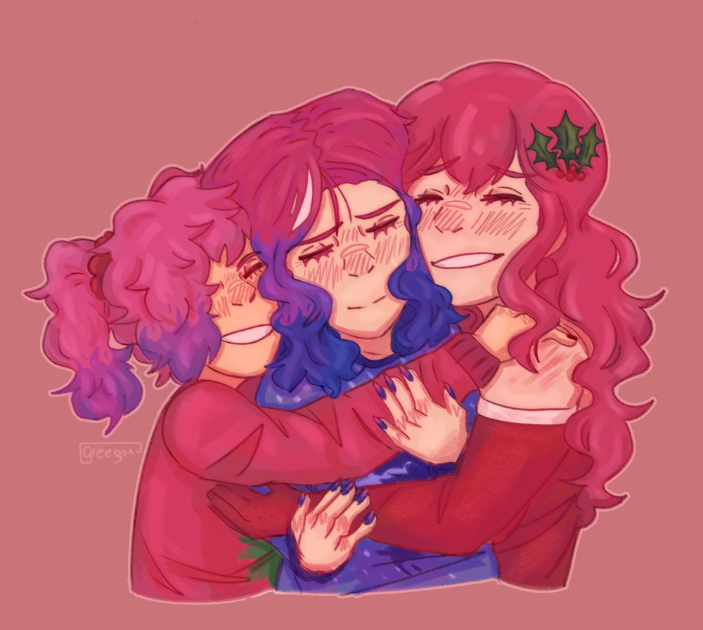 the belrose sisters hugging. charlotte and laura are hugging saphira between them.
