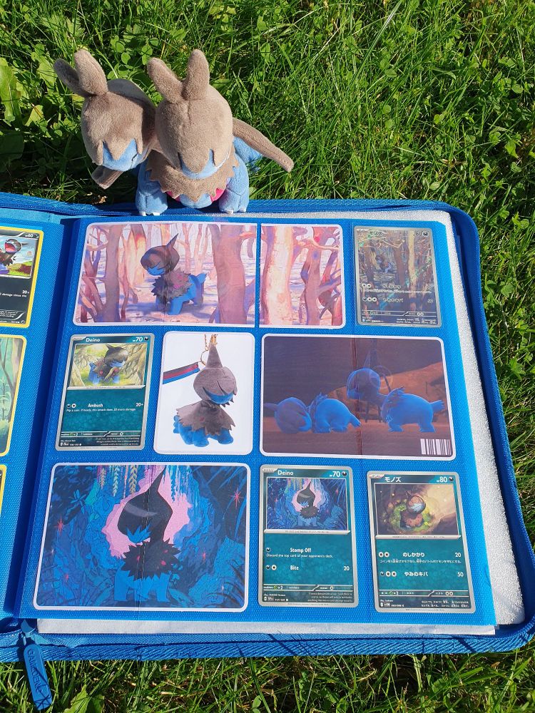 2nd page! also featuring cards, printed out highlights + pokedex image and a deino plush keychain i thought was cute