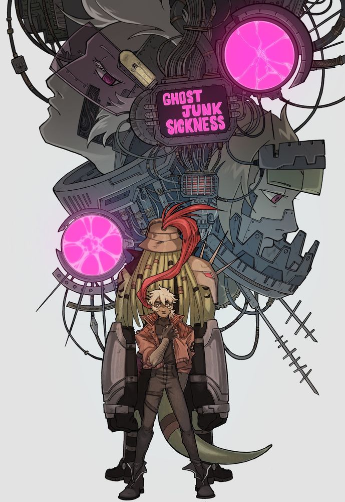 Illustration of Trigger, Boggmouth, Vahn and the Ghost from the webcomic Ghost Junk Sickness.
