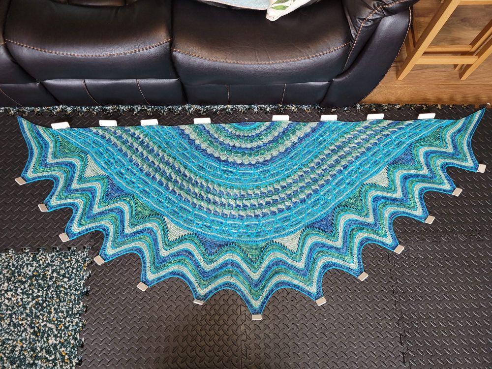 Bubbly Blossoms Shawl. Knitted in Rosie's Moments - Ferns, Siobhan's Crafts - Ravenclaw, Mrs S Creations - Seaglass and Hobbii Unicorn - Turquoise.