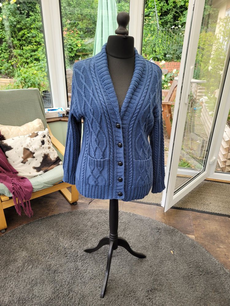 Front of Tryon Creek Cardigan by Kay Hopkins. Knitted in Cascade 220 Superwash in Colonial Blue Heather 