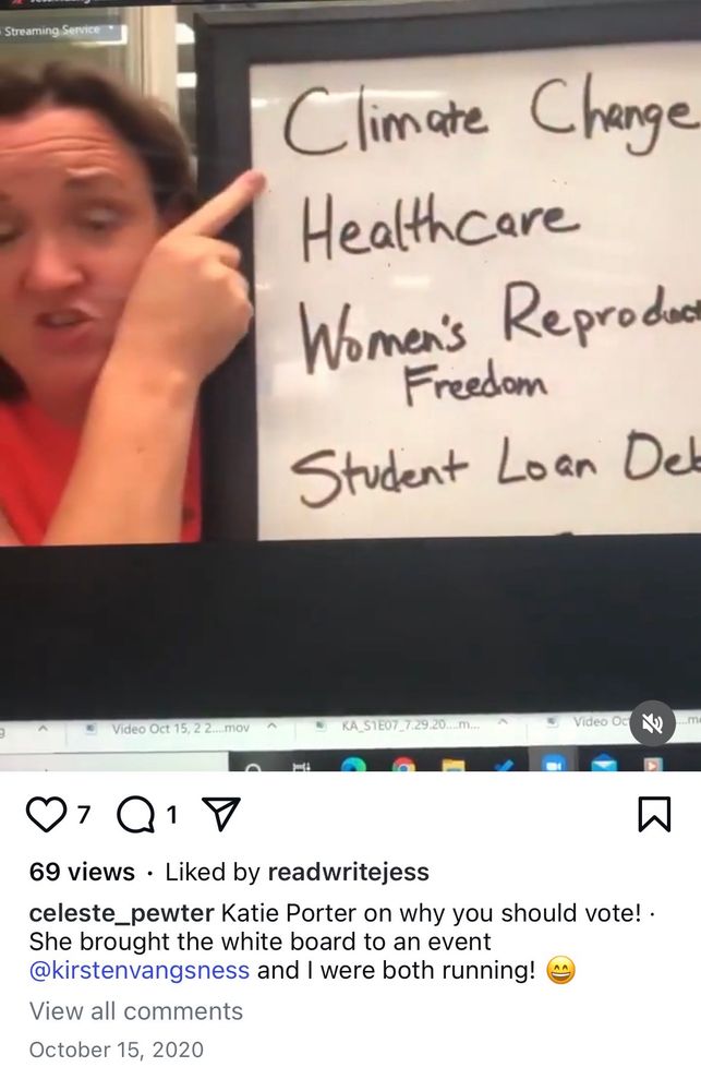 A screenshot of my personal Instagram, showing Katie Porter on Zoom for a personal webinar. Holding up her whiteboard. 