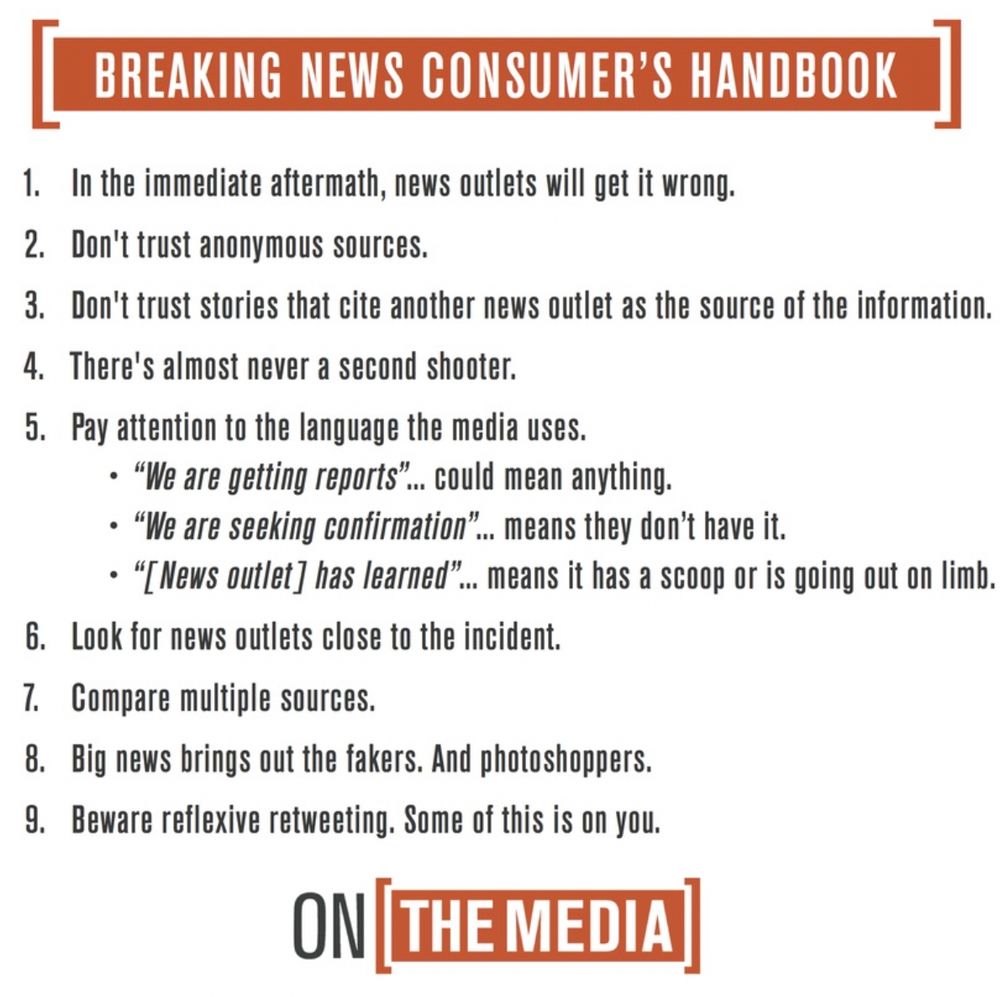A graphic from ON THE MEDIA: * CUT OUT AND TAPE NEAR YOUR COMPUTER OR TV BREAKING NEWS CONSUMER'S HANDBOOK 1. In the immediate aftermath, news outlets will get it wrong. 2. Don't trust anonymous sources. 3. Don't trust stories that cite another news outlet as the source of the information. 4. There's almost never a second shooter. 5. Pay attention to the language the media uses. • 