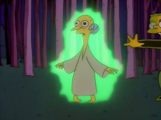 Mr. Burns, glowing green, bringing people love in a drug-induced haze as Smithers reaches to stop him.