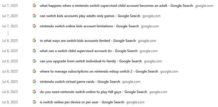 A browser history list of Google searches for details related to Nintendo Switch Online, family memberships, virtual game cards, and child/supervised account restrictions.