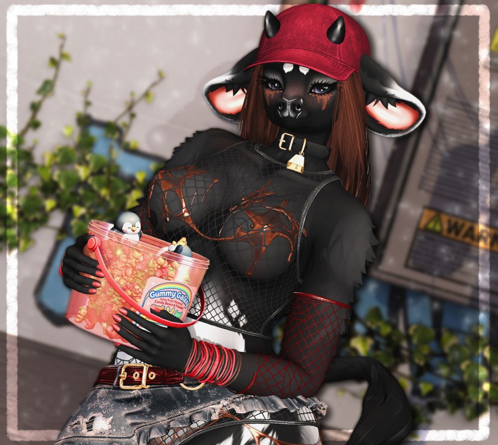 A cow covered in chocolate stands in an alley, a bucket of gummies in her hands. There are two penguins having a gummy fight right in the middle of it.