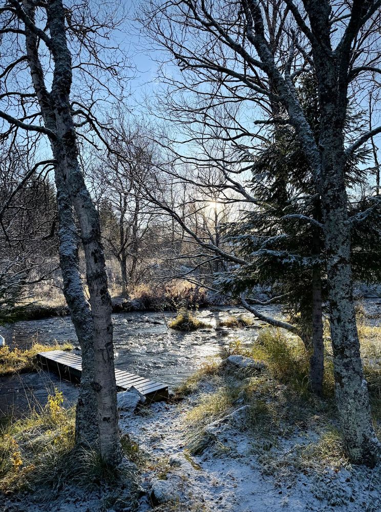 I følge en LLM: "En frostklar bekk renner gjennom et snødekt vinterlandskap med solstråler som glitrer i vannet og en liten trebro som krysser strømmen."