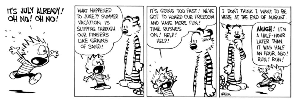 4 panel Calvin and Hobbes comic strip.
Calvin, very anxious: "It's July already! Oh No! Oh No!"

"What happened to June!? Summer vacation is slipping through our fingers like grains of sand!"

"It's going too fast! We've got to hoard our freedom and have more fun! Time rushes on! Help! Help!"

Last panel, Hobbes, looking puzzled: "I don't think I want to be here at the end of August."
Calvin, running away: "AAUGH! It's a half-hour later than it was half an hour ago! Run! Run!"