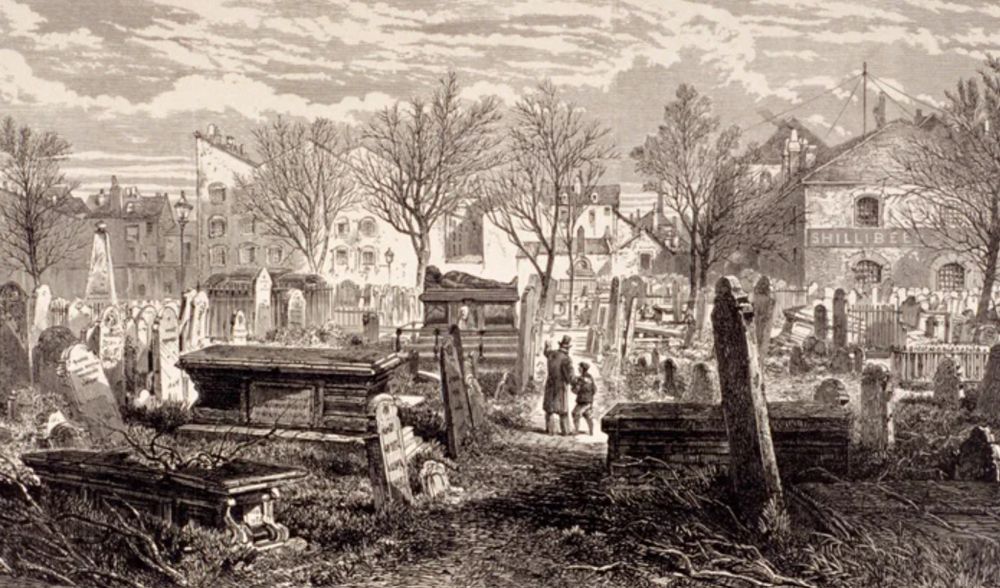 19th-century etching of a cemetery