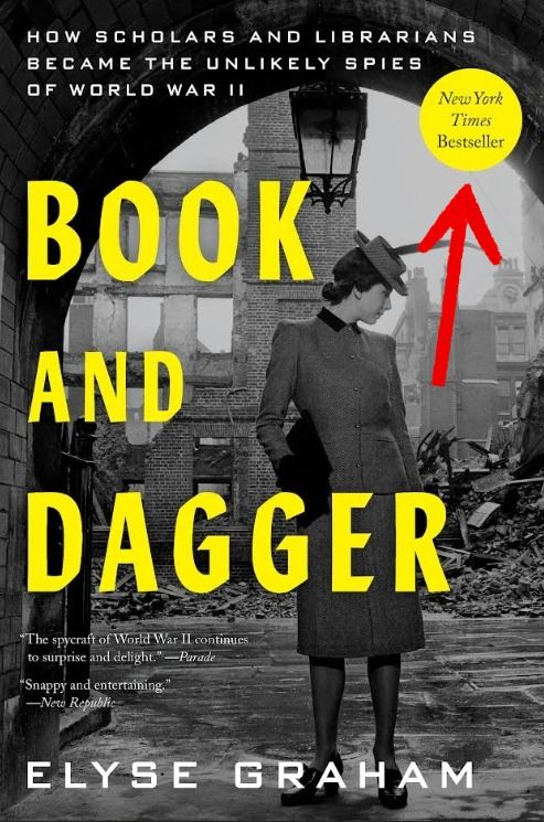 The cover of the book "Book and Dagger," with a red arrow indicating a new element: a splash reading, "New York Times Bestseller."
