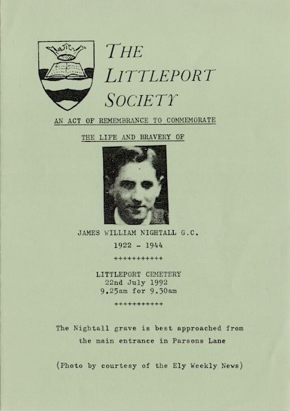 The cover of a programme produced by The Littleport Society, for a remembrance service event commemorating the life and bravery of James William Nightall GC of Littleport who lost his life saving Soham from being destroyed by an exploding train in 1944.
