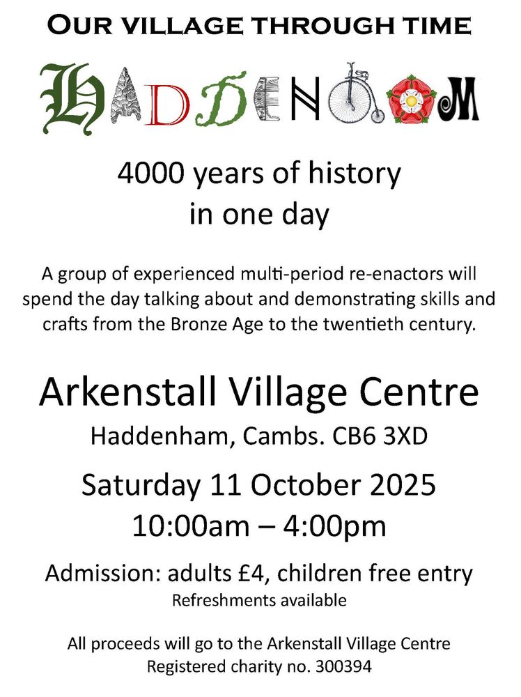 Poster advertising 'Our Village Through Time - Haddenham' event on 11th October 2025 at Haddenham, Cambridgeshire.