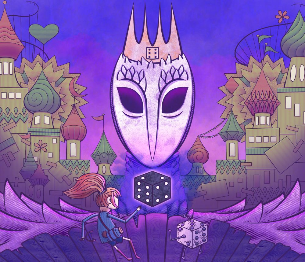 Even and Dicey from Lost in Random, standing in front of Queen Aleksandra and The Eternal Die. Sixtopia in the background.