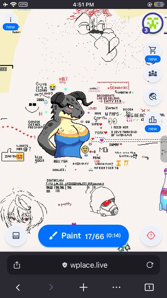 Screenshot of https://wplace.live containing various pixel art pieces scattered across a map of Las Vegas, Nevada. This one is centered around a picture of a female Deathclaw from Fallout with many comments surrounding it saying how people enjoy the picture and Deathclaws.